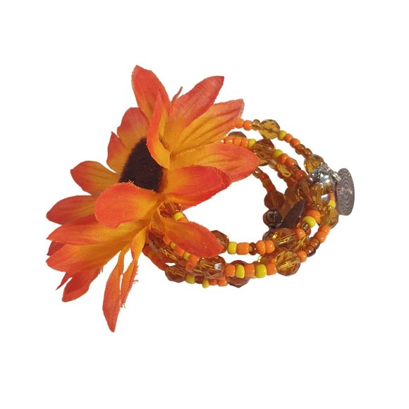 Orange Daisy Coil Wire Wrap Beaded Women Boho Floral Bracelet Fashion Jewelry - Picture 6 of 8